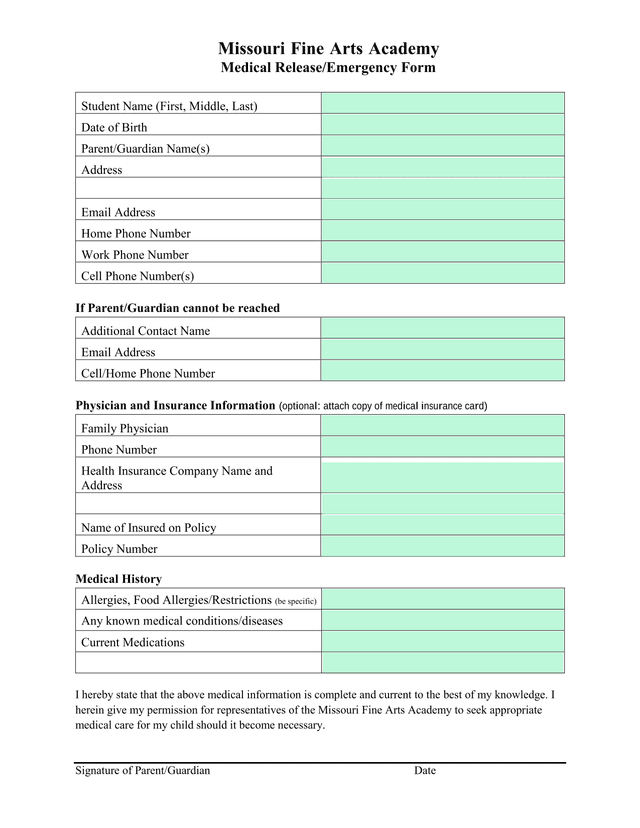 Missouri Fine Arts Academy Medical ReleaseEmergency Form screenshot