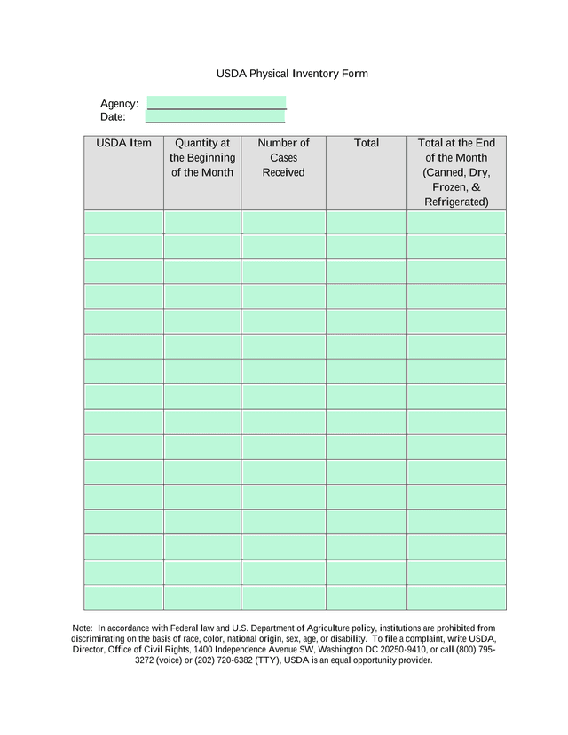USDA Physical Inventory Form screenshot