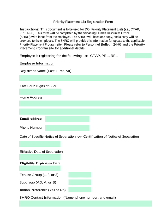 Priority Placement List Registration Form screenshot