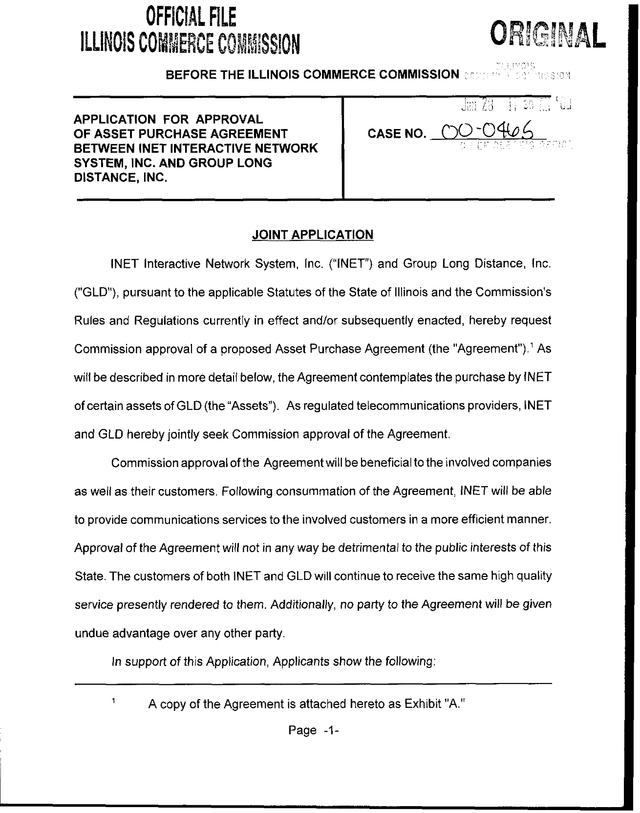APPLICATION FOR APPROVAL OF ASSET PURCHASE AGREEMENT screenshot