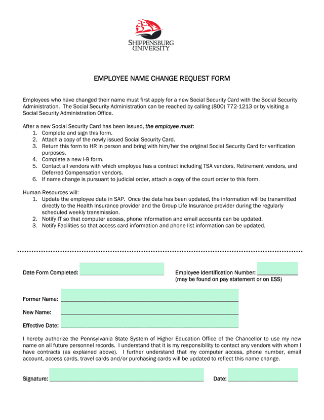 Employee Name Change Request Form screenshot