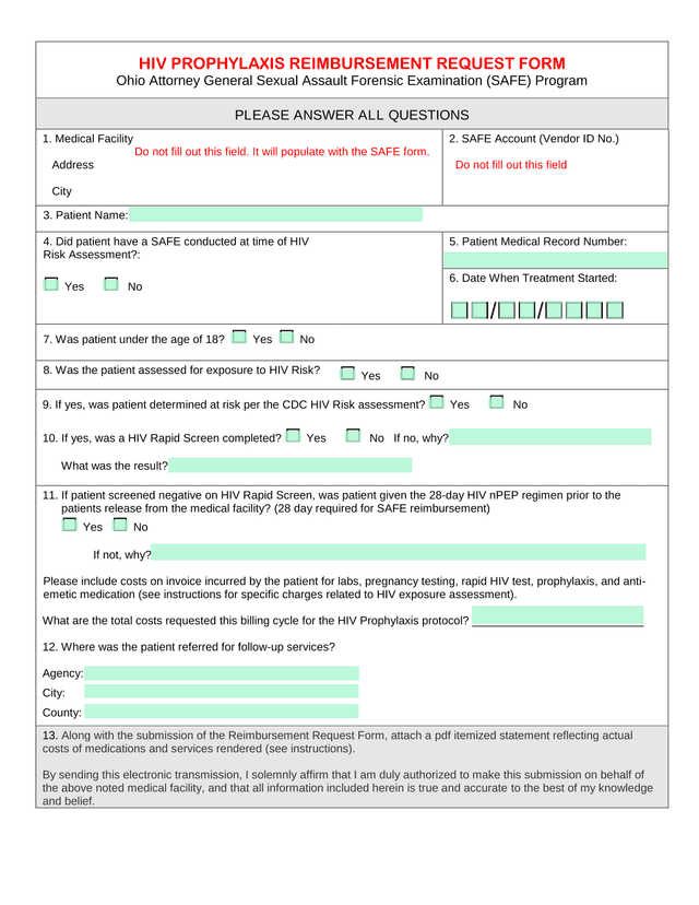 HIV Prophylaxis Reimbursement Request Form screenshot