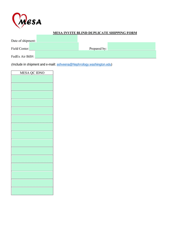 MESA INVITE BLIND DUPLICATE SHIPPING FORM screenshot