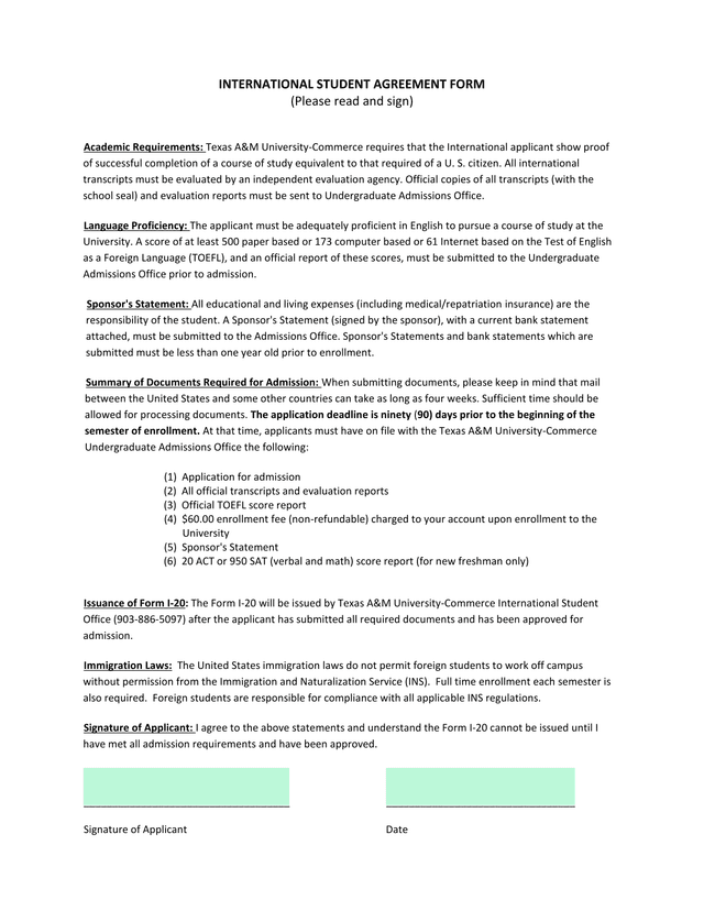 INTERNATIONAL STUDENT AGREEMENT FORM screenshot