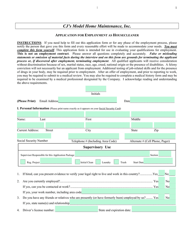 Application For Employment As Housecleaner screenshot