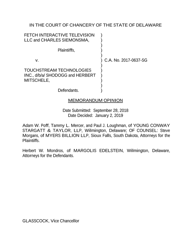 Memorandum Opinion   Fetch Interactive Television LLC V. Touchstream Technologies Inc. screenshot