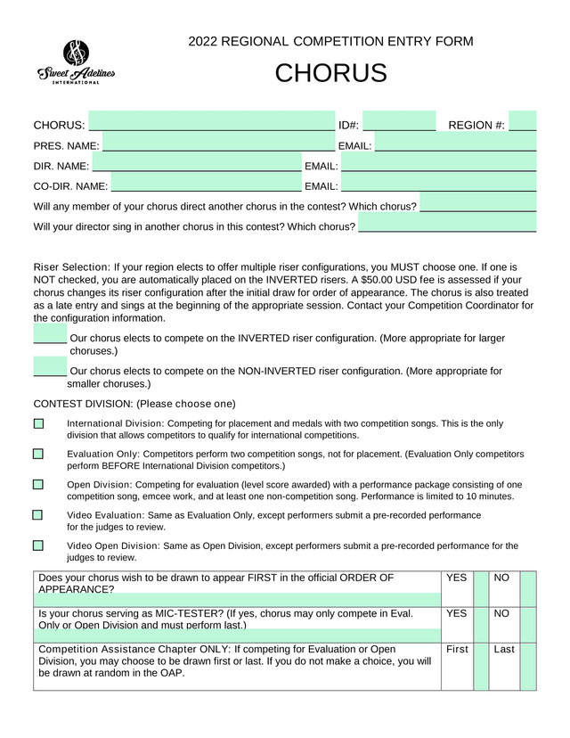 2022 Regional Competition Entry Form screenshot