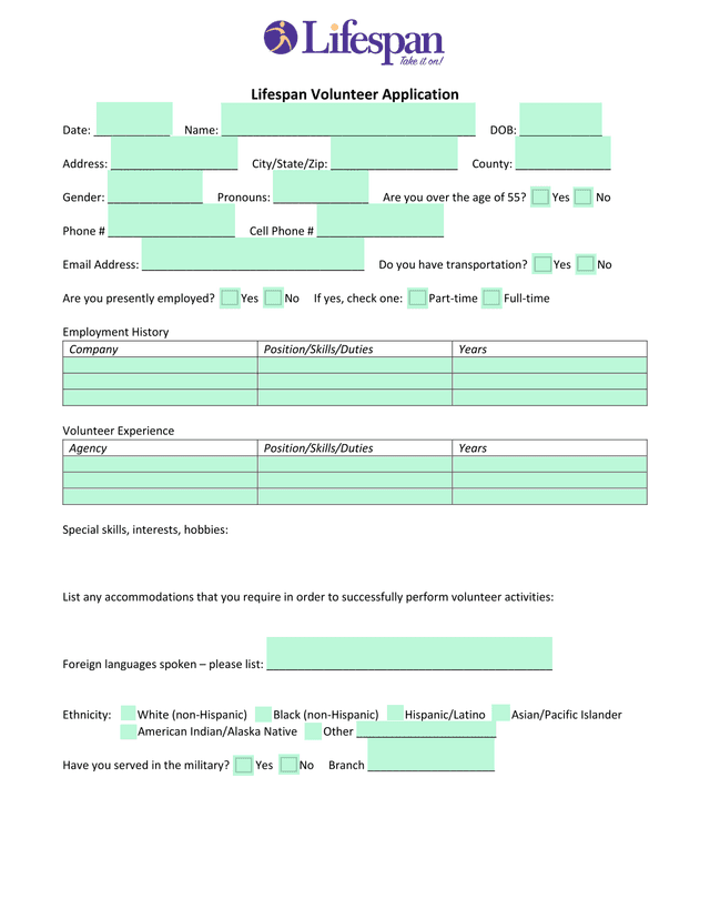 Lifespan Volunteer Application screenshot