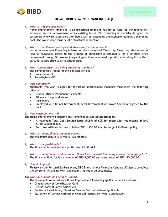 Home Improvement Financing FAQs screenshot