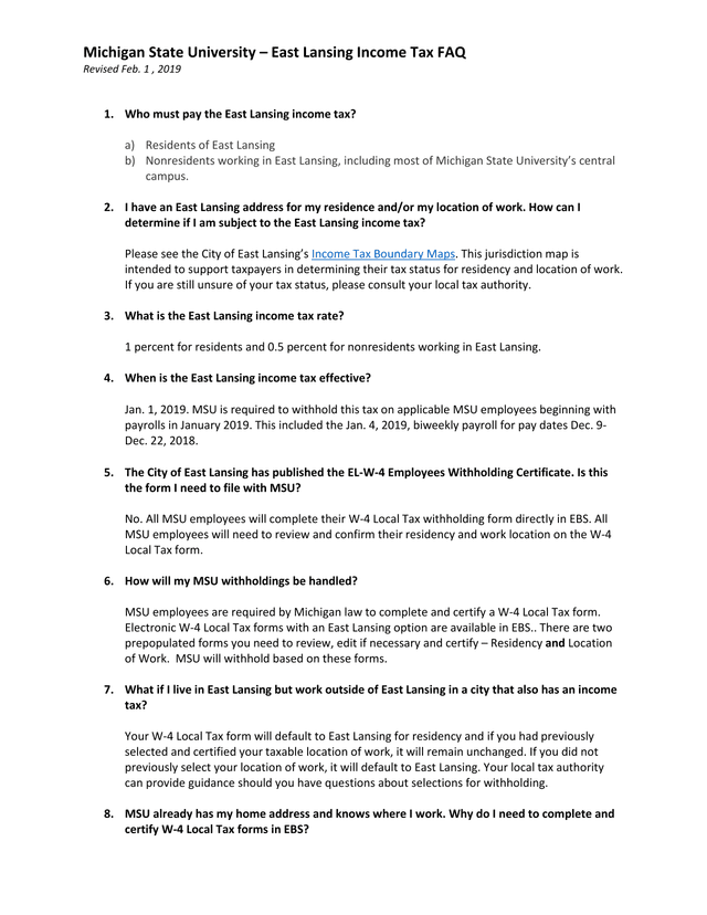 Michigan State University  East Lansing Income Tax FAQ screenshot