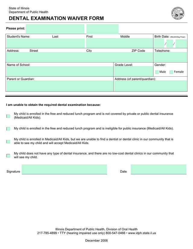Dental Examination Waiver Form screenshot