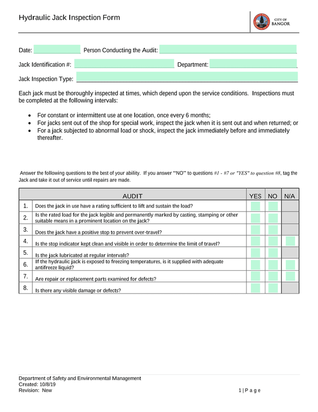 Hydraulic Jack Inspection Form screenshot