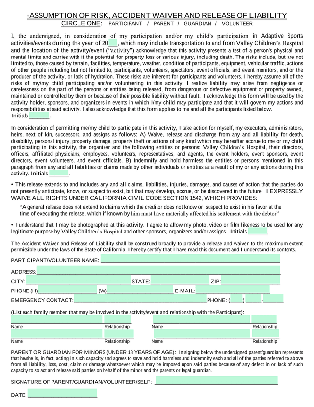 Assumption Of Risk, Accident Waiver And Release Of Liability screenshot