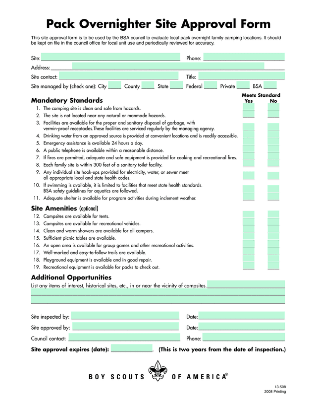 Pack Overnighter Site Approval Form screenshot