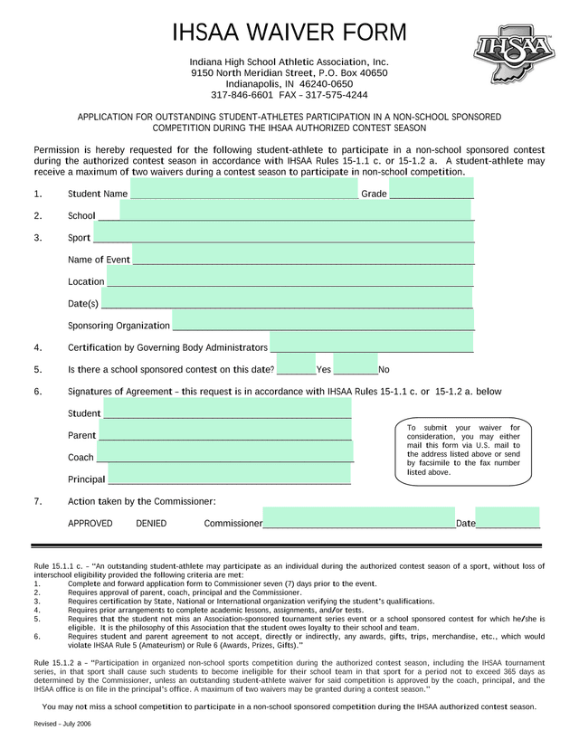 IHSAA Waiver Form screenshot