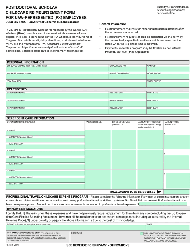Postdoctoral Scholar Childcare Reimbursement Form For UAW Represented (PX) Employees screenshot