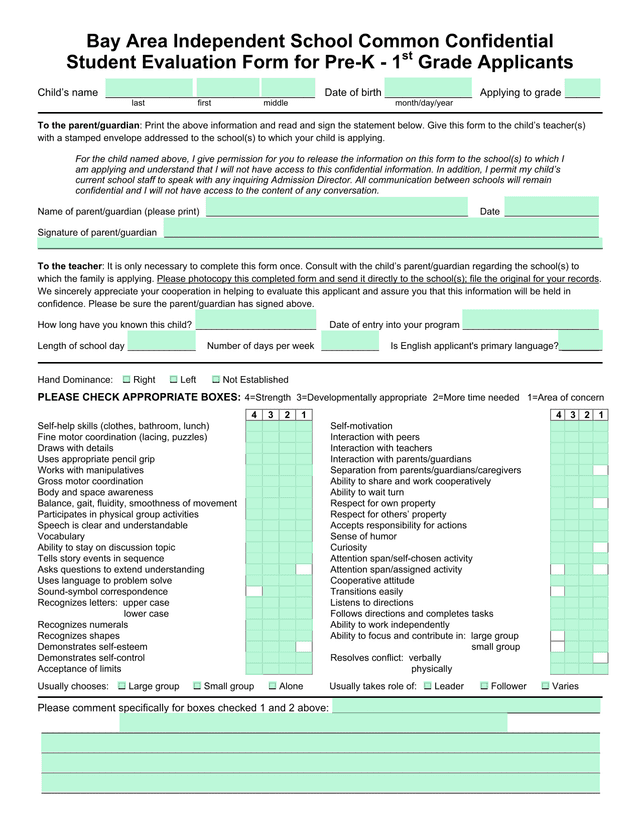 Bay Area Independent School Confidential Student Evaluation Form For Pre K   1st Grade Applicants screenshot