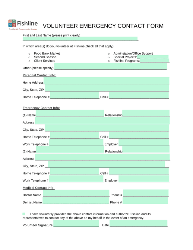 Volunteer Emergency Contact Form screenshot