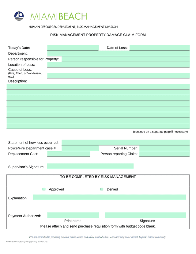 Risk Management Property Damage Claim Form screenshot