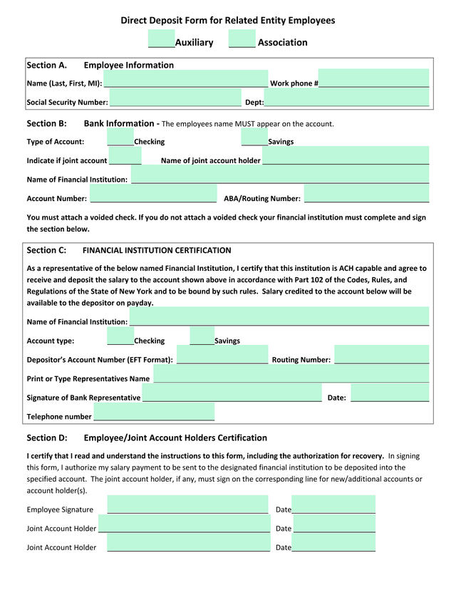 Direct Deposit Form For Related Entity Employees screenshot