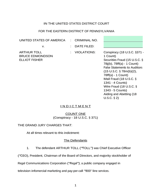 United States V. Arthur Toll Et Al. Indictment screenshot