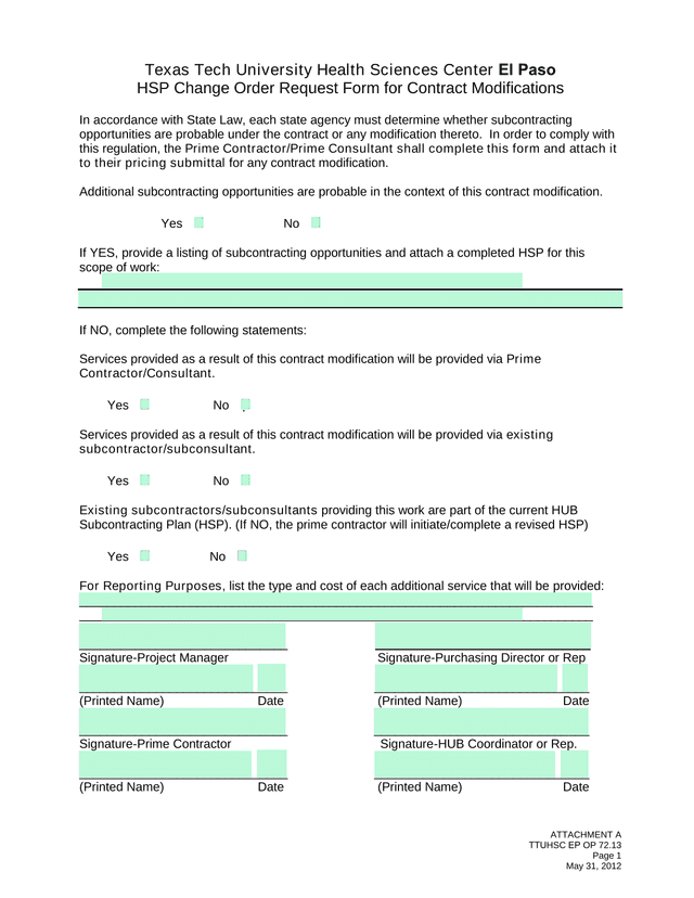 HSP Change Order Request Form For Contract Modifications screenshot