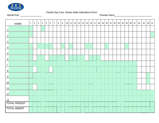 Family Day Care Homes Daily Attendance Form screenshot