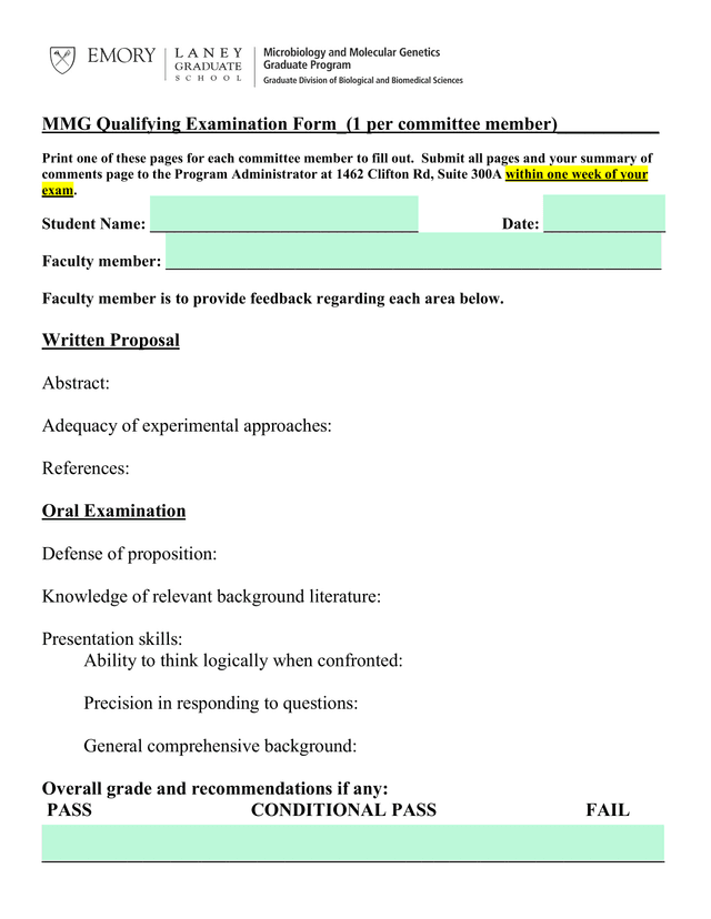 MMG Qualifying Examination Form screenshot