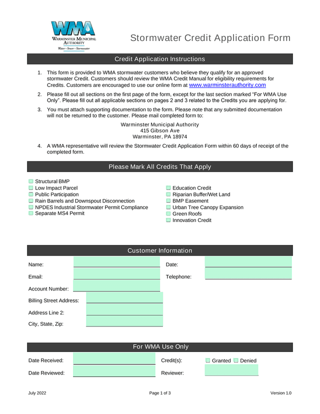 Stormwater Credit Application Form screenshot