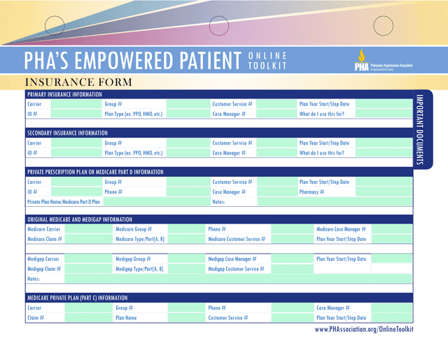 PHAS Empowered Patient Online Toolkit Insurance Form screenshot