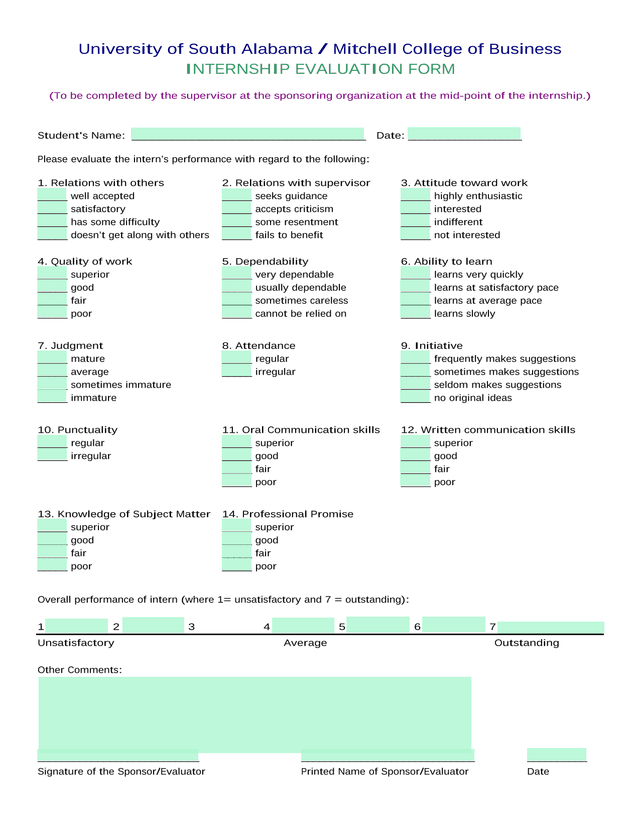 Internship Evaluation Form screenshot