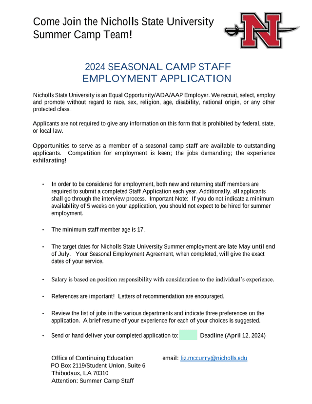 2024 Seasonal Camp Staff Employment Application screenshot