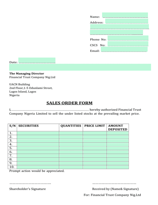 Sales Order Form screenshot