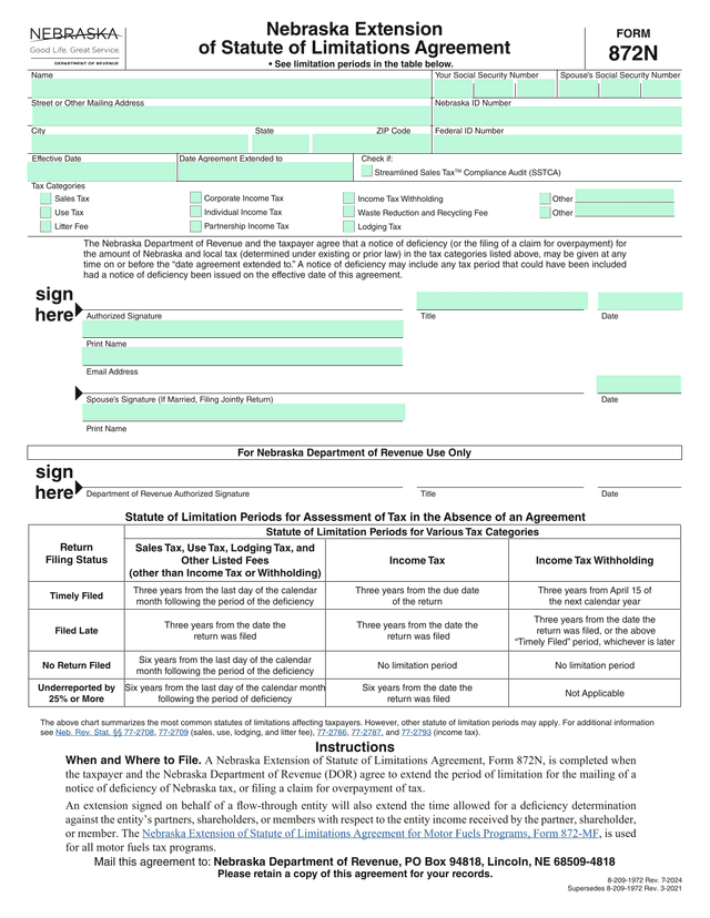 Form 872N Nebraska Extension Of Statute Of Limitations Agreement screenshot