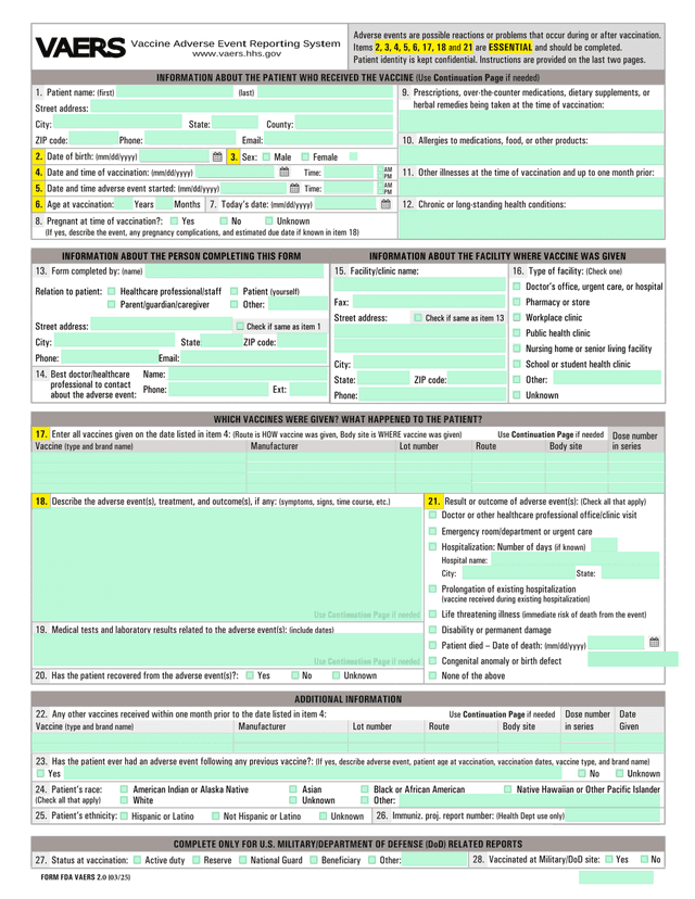 Vaccine Adverse Event Reporting System (VAERS Form 2.0) screenshot