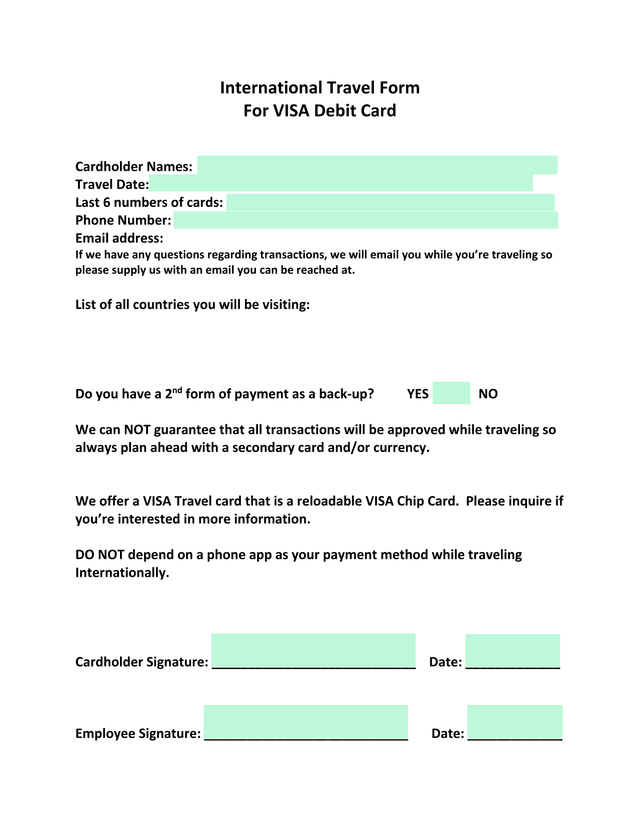 International Travel Form For VISA Debit Card screenshot