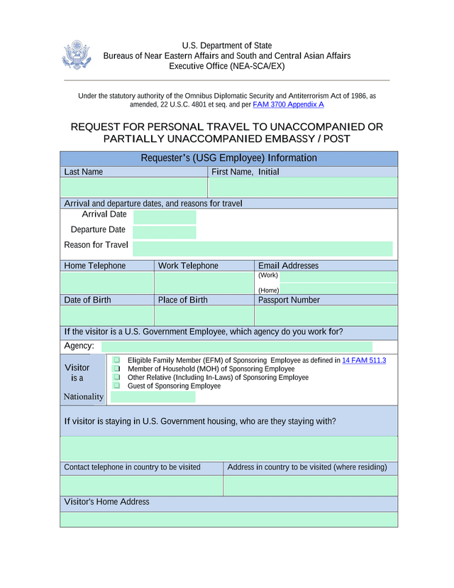 Request For Personal Travel To Unaccompanied Or Partially Unaccompanied Embassy  Post screenshot