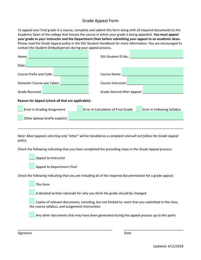 Grade Appeal Form screenshot