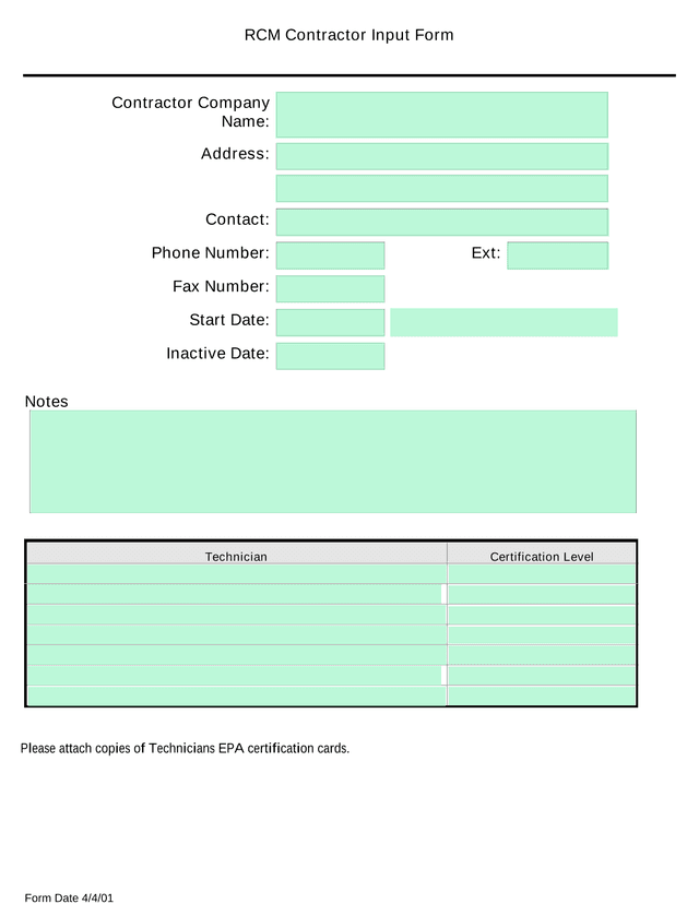 RCM Contractor Input Form screenshot