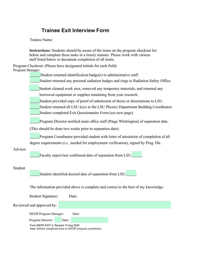 Trainee Exit Interview Form screenshot