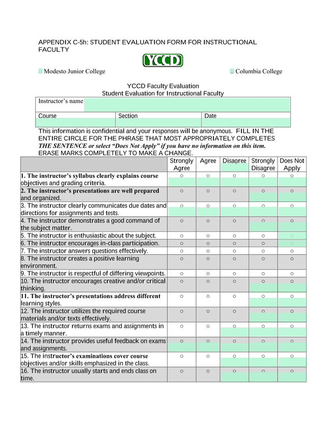 APPENDIX C 5h STUDENT EVALUATION FORM FOR INSTRUCTIONAL FACULTY screenshot