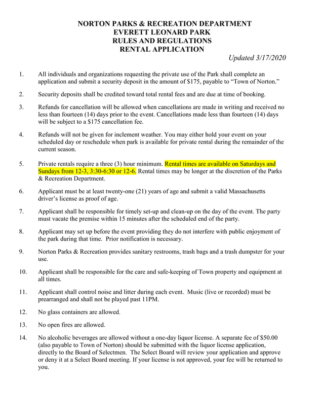 Everett Leonard Park Rules And Regulations Rental Application screenshot