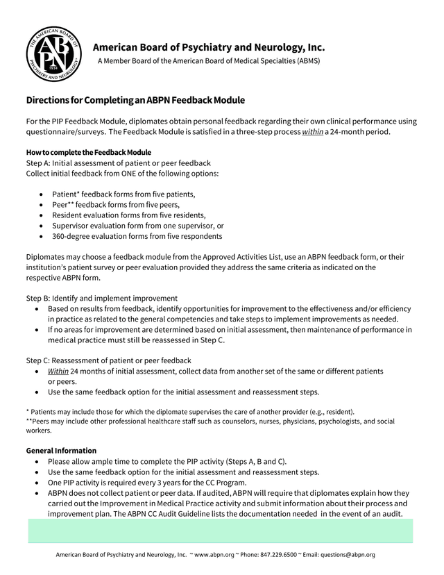 Directions For Completing An ABPN Feedback Module screenshot