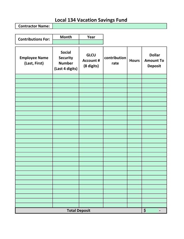 Local 134 Vacation Savings Fund Contribution Form screenshot