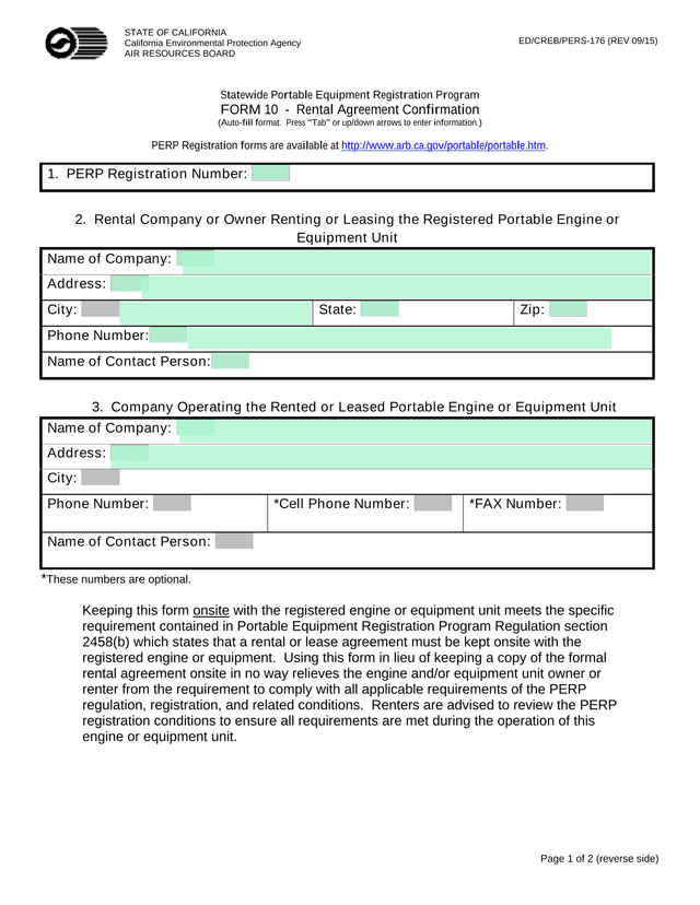 Statewide Portable Equipment Registration Program FORM 10   Rental Agreement Confirmation screenshot