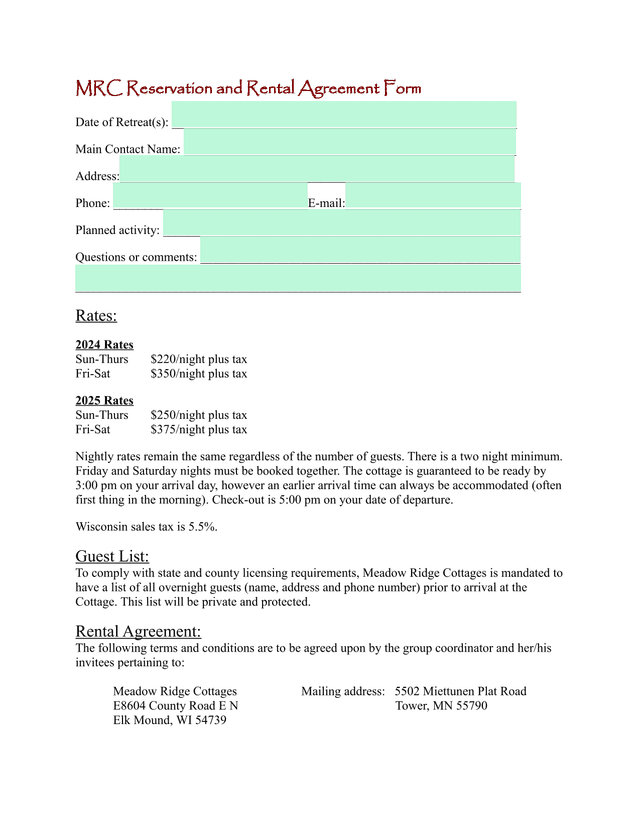 MRC Reservation And Rental Agreement Form screenshot