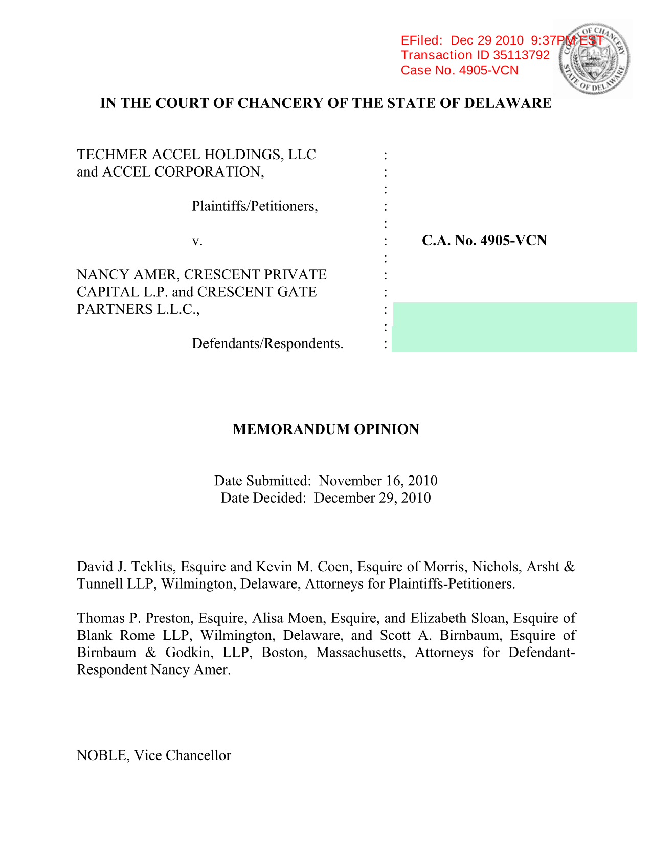 Memorandum Opinion In Techmer Accel Holdings, LLC V. Nancy Amer, Et Al. screenshot