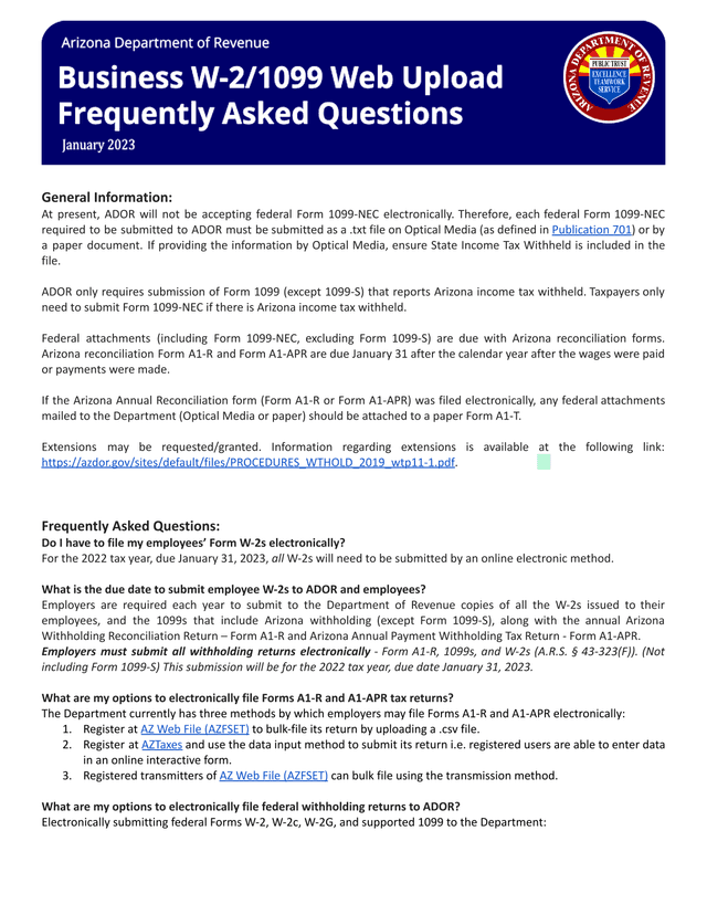 Arizona Department Of Revenue (ADOR) Withholding Reporting Instructions screenshot