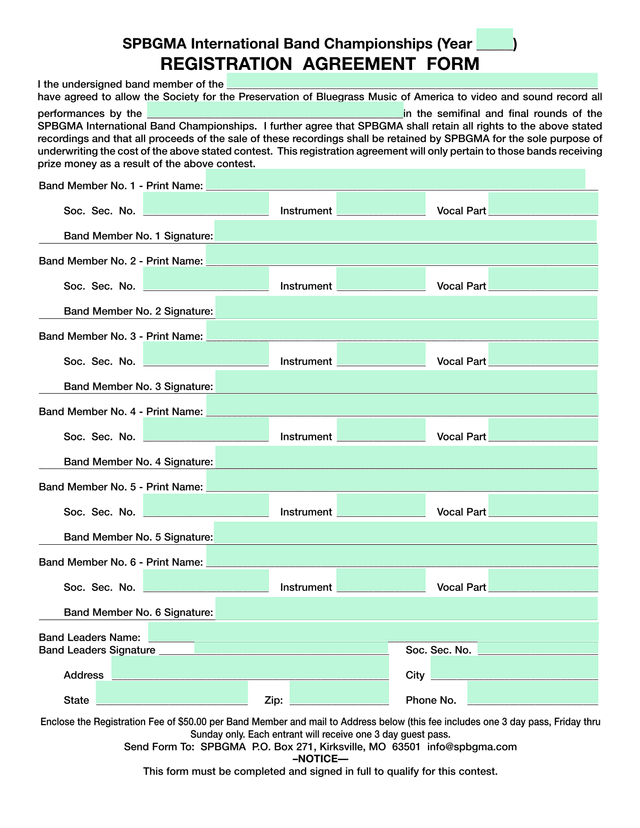 SPBGMA International Band Championships Registration Agreement Form screenshot