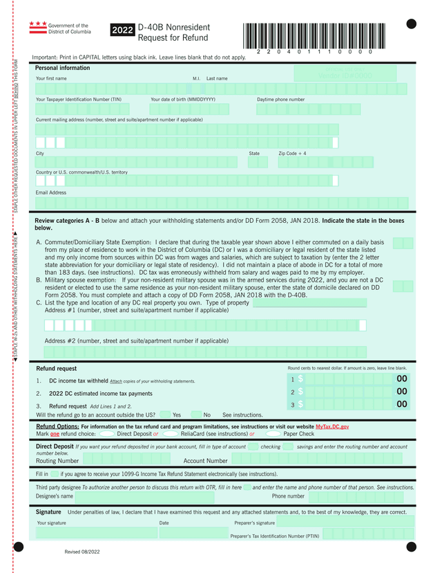 D 40B Nonresident Request For Refund screenshot